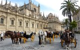 Sevilla - Španělsko - Andalusie - Sevilla, katedrála (1401-1536) a koňské kočáry na Plaza Virgen de los Reyes